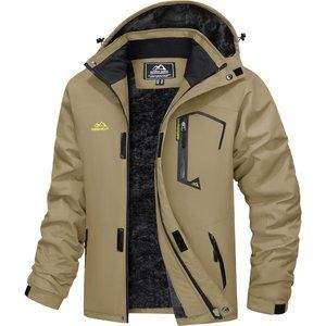 Men's  Khaki Water Resistant Fleece Windproof Warm Jacket With Multi-Pockets